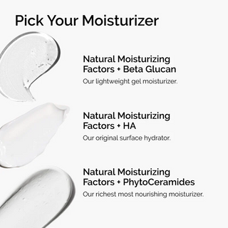 different moisturizer types with product swatches with text 'pick your moisturizer'