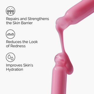 Two Soothing & Barrier Support Serum droppers covered in serum with drops dripping down.