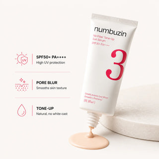 Numbuzin No.3 No Filter Tone-Up Sun Serum 01 Blur SPF50+ PA++++ 50ml beige Korean sunscreen for pore blurring, semi-matte tone-up and daily UV protection in UAE.