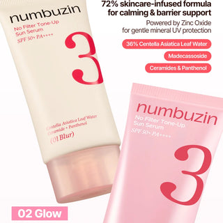Numbuzin No.3 No Filter Tone-Up Sun Serum 01 Blur SPF50+ PA++++ 50ml beige Korean sunscreen for pore blurring, semi-matte tone-up and daily UV protection in UAE.