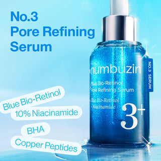Numbuzin No.3 Blue Bio-Retinol Pore Refining Serum 30ml with 10% Niacinamide, Retinol and BHA for enlarged pores, uneven texture and smoother-looking skin in UAE.