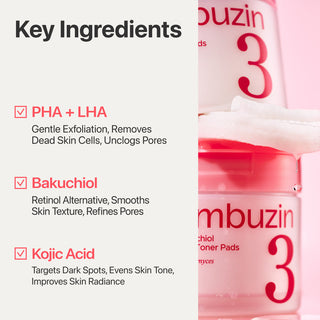 Numbuzin No.3 Bifida Bakuchiol Exfoliating Toner Pads 70EA with PHA, LHA and Kojic Acid for pore care, blackheads and smoother skin in UAE.