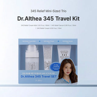 Dr. Althea 345 Relief Travel Set with Cream Mist 60ml, Relief Serum 15ml and Relief Cream 15ml for soothing hydration, PDRN and skin barrier care in UAE.