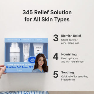 Dr. Althea 345 Relief Travel Set with Cream Mist 60ml, Relief Serum 15ml and Relief Cream 15ml for soothing hydration, PDRN and skin barrier care in UAE.