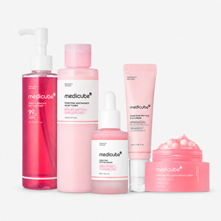 Medicube PDRN Pink Complete Skincare Set with full-size gel cleanser, niacinamide milky toner, peptide serum, collagen capsule cream and PDRN eye cream for hydrated, firm and radiant glass skin in UAE.