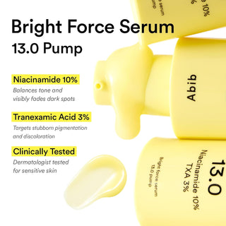 Abib Bright Force Serum 13.0 Pump 30ml with 10% Niacinamide, 3% Tranexamic Acid, Alpha-Arbutin and Vitamin C for dark spots, hyperpigmentation and brighter even-looking skin in UAE.
