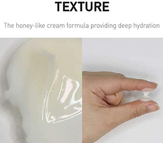 Honey-like cream formula on skin with text indicating deep hydration