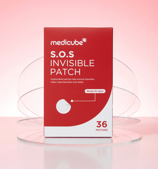 Medicube S.O.S Invisible Patch box with 36 ultra-thin hydrocolloid blemish patches containing Salicylic Acid and Tea Tree Oil to absorb impurities and help spots appear flatter in UAE.