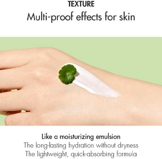 hand with Dr.Ceuracle Cica Regen Waterproof Sun product swatch and a leaf
