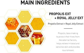 Hexagonal diagram of propolis extract and royal jelly extract with main ingredients labeled