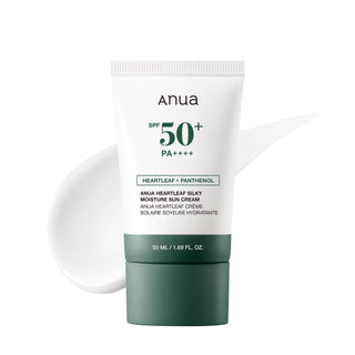 Anua Heartleaf Silky Moisture Sun Cream SPF50+ PA++++ 50ml Korean hydrating sunscreen with Heartleaf and Panthenol for daily UV protection and a smooth finish in UAE.