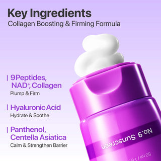 numbuzin No.9 NAD+ Peptides Dewy Sun Essence SPF50+ PA++++ 50ml Korean sunscreen with nine peptides, Collagen, Niacinamide and Centella for hydrated, firm and glowing skin in UAE.