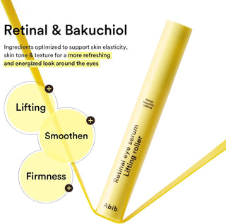 Abib Retinal Eye Serum Lifting Roller 15ml with Retinal, Bakuchiol and Caffeine cooling metal applicator for fine lines, puffiness, dark circles and firmer-looking under-eyes in UAE.