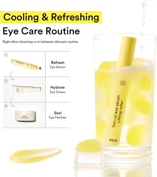 Abib Retinal Eye Serum Lifting Roller 15ml with Retinal, Bakuchiol and Caffeine cooling metal applicator for fine lines, puffiness, dark circles and firmer-looking under-eyes in UAE.