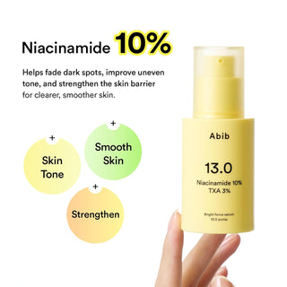 Abib Bright Force Serum 13.0 Pump 30ml with 10% Niacinamide, 3% Tranexamic Acid, Alpha-Arbutin and Vitamin C for dark spots, hyperpigmentation and brighter even-looking skin in UAE.