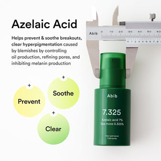 Abib Clear Spot Serum 7.325 Pump 30ml with 7% Azelaic Acid, 0.325% Sea Moss, Succinic Acid and LHA for blemishes, redness and clearer-looking skin in UAE.
