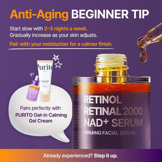 PURITO SEOUL Retinol Retinal 2000 NAD+ Serum 30ml Korean firming facial serum with 1,000 ppm Retinol, 1,000 ppm Retinal and NAD+ for fine lines, rough texture and firmer-looking skin in UAE.