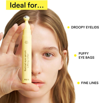 Abib Retinal Eye Serum Lifting Roller 15ml with Retinal, Bakuchiol and Caffeine cooling metal applicator for fine lines, puffiness, dark circles and firmer-looking under-eyes in UAE.