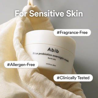 Abib Rice Probiotics Overnight Mask Barrier Jelly 80ml Korean sleeping mask with rice bran ferment, probiotics and hyaluronic acid for overnight hydration, soothing and skin barrier care in UAE.