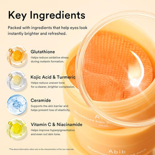 Abib Glutathione Kojic Acid Eye Patch Vita Jelly 60pcs Korean hydrogel patches with Glutathione, Kojic Acid, Niacinamide and Vitamin C for dark circles, hyperpigmentation and brighter under-eyes in UAE.
