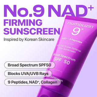numbuzin No.9 NAD+ Peptides Dewy Sun Essence SPF50+ PA++++ 50ml Korean sunscreen with nine peptides, Collagen, Niacinamide and Centella for hydrated, firm and glowing skin in UAE.