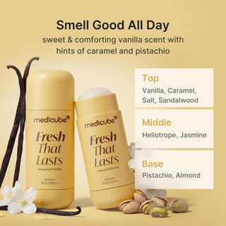 Two medicube 'Fresh That Lasts' products with vanilla beans and flowers.