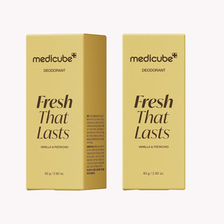 Two rectangular Medicube Fresh That Lasts deodorant boxes in a warm yellow-gold color, shown side by side on a plain light background. The left box shows the front and side panels, while the right box shows the front panel.