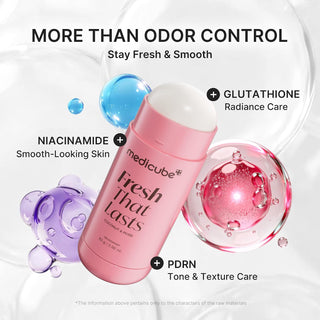 Medicube Fresh That Lasts Coconut & Rose Deodorant 83g with PDRN, Glutathione and Niacinamide for 24-hour odor control and underarm tone care in UAE.