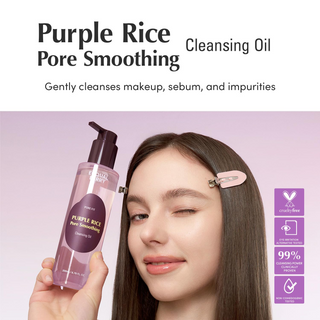 woman holding EQQUALBERRY Purple Rice Pore Smoothing Cleansing Oil 