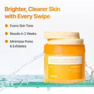 Celimax TXA Body Clarifying Pad 50 Pads with 3% AHA, 0.5% Tranexamic Acid, 2% Niacinamide and 0.3% BHA for dark underarms, rough body texture and even skin tone in UAE.