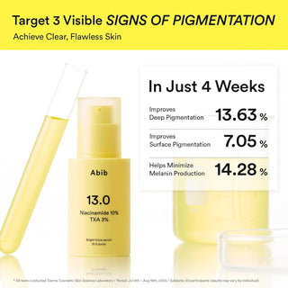 Abib Bright Force Serum 13.0 Pump 30ml with 10% Niacinamide, 3% Tranexamic Acid, Alpha-Arbutin and Vitamin C for dark spots, hyperpigmentation and brighter even-looking skin in UAE.