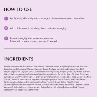 instructions to use EQQUALBERRY Purple Rice Pore Smoothing Cleansing Oil with ingredients list
