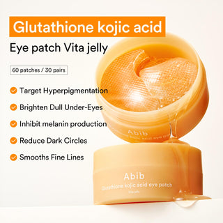 Abib Glutathione Kojic Acid Eye Patch Vita Jelly 60pcs Korean hydrogel patches with Glutathione, Kojic Acid, Niacinamide and Vitamin C for dark circles, hyperpigmentation and brighter under-eyes in UAE.