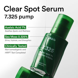 Abib Clear Spot Serum 7.325 Pump 30ml with 7% Azelaic Acid, 0.325% Sea Moss, Succinic Acid and LHA for blemishes, redness and clearer-looking skin in UAE.