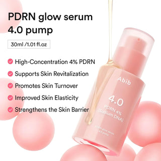 Abib PDRN Glow Serum 4.0 Pump 30ml with 4% Salmon DNA PDRN, six peptides, Hyaluronic Acid and Collagen for firming, elasticity, skin density and radiant-looking skin in UAE.