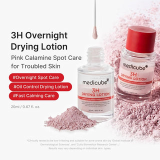 Medicube 3H Overnight Drying Lotion 20ml pink Calamine spot treatment with Salicylic Acid, Tea Tree and Centella for blemishes, excess oil and troubled skin in UAE.