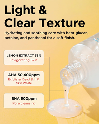 TOCOBO AHA BHA Lemon Facial Toner 150 mL dripping from open bottle 