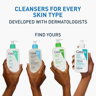 hands holding different variants of CeraVe 236 mL Face Cleansers