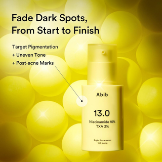 Abib Bright Force Serum 13.0 Pump 30ml with 10% Niacinamide, 3% Tranexamic Acid, Alpha-Arbutin and Vitamin C for dark spots, hyperpigmentation and brighter even-looking skin in UAE.