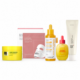 Bridal Glow 30-Day Korean skincare bundle with EQQUALBERRY Vitamin C serum, Medicube Kojic Acid Peel Shot, Biodance Collagen Mask, Goodal eye patches and Beauty of Joseon SPF50 sunscreen in UAE.