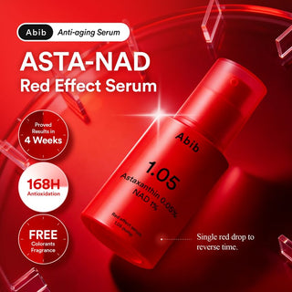 Abib Red Effect Serum 1.05 Pump 30ml with 1% NAD+, 0.05% Astaxanthin, Niacinamide and Alpha-Arbutin for antioxidant care, fine lines, firmness and radiant-looking skin in UAE.