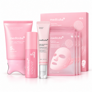 Medicube PDRN Pink Collagen Firming and Contour 4-piece skincare set with Gua Sha Neck Wrinkle Cream, Volume Multi Balm, PDRN Peptide Eye Cream and Pink Tension Up Masks in UAE.