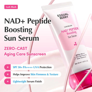 EQQUALBERRY Lush Blush NAD+ Peptide Boosting Sun Serum SPF50+ PA++++ 50ml water-resistant Korean sunscreen with NAD+, Peptides, Niacinamide, Collagen and Ceramide for lightweight UV protection and radiant skin in UAE.
