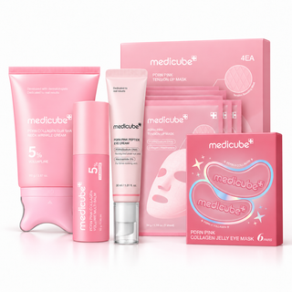 Medicube PDRN Pink Collagen Ultimate 5-piece skincare bundle with Gua Sha Neck Cream, Volume Multi Balm, PDRN Eye Cream, Tension Up Masks and Jelly Eye Mask 6 Pairs for firming and contour care in UAE.