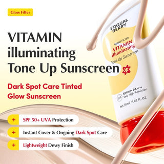 EQQUALBERRY Glow Filter Vitamin Illuminating Tone Up Sunscreen SPF50+ PA++++ 50ml Korean hybrid sunscreen with Niacinamide, Tranexamic Acid, Kakadu Plum and Acerola for bright radiant skin in UAE.