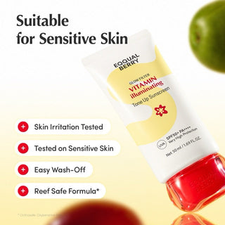 EQQUALBERRY Glow Filter Vitamin Illuminating Tone Up Sunscreen SPF50+ PA++++ 50ml Korean hybrid sunscreen with Niacinamide, Tranexamic Acid, Kakadu Plum and Acerola for bright radiant skin in UAE.