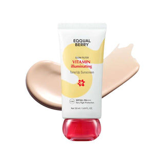 EQQUALBERRY Glow Filter Vitamin Illuminating Tone Up Sunscreen SPF50+ PA++++ 50ml Korean hybrid sunscreen with Niacinamide, Tranexamic Acid, Kakadu Plum and Acerola for bright radiant skin in UAE.