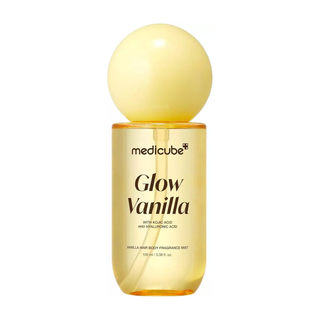 Medicube Glow Vanilla Hair & Body Fragrance Mist with Kojic Acid and Hyaluronic Acid for hydrated skin, refreshed hair, and a long-lasting creamy vanilla gourmand scent.
