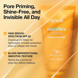 Anua Invisible Matte Finish Sunscreen SPF50 PA++++ 50ml Korean facial sunscreen with no white cast, sebum control and pore-blurring matte finish available in UAE.