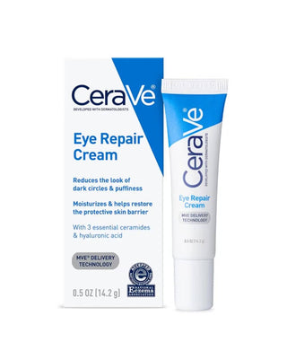 CeraVe Eye Repair Cream shown with its retail box and squeeze tube on a plain white background.